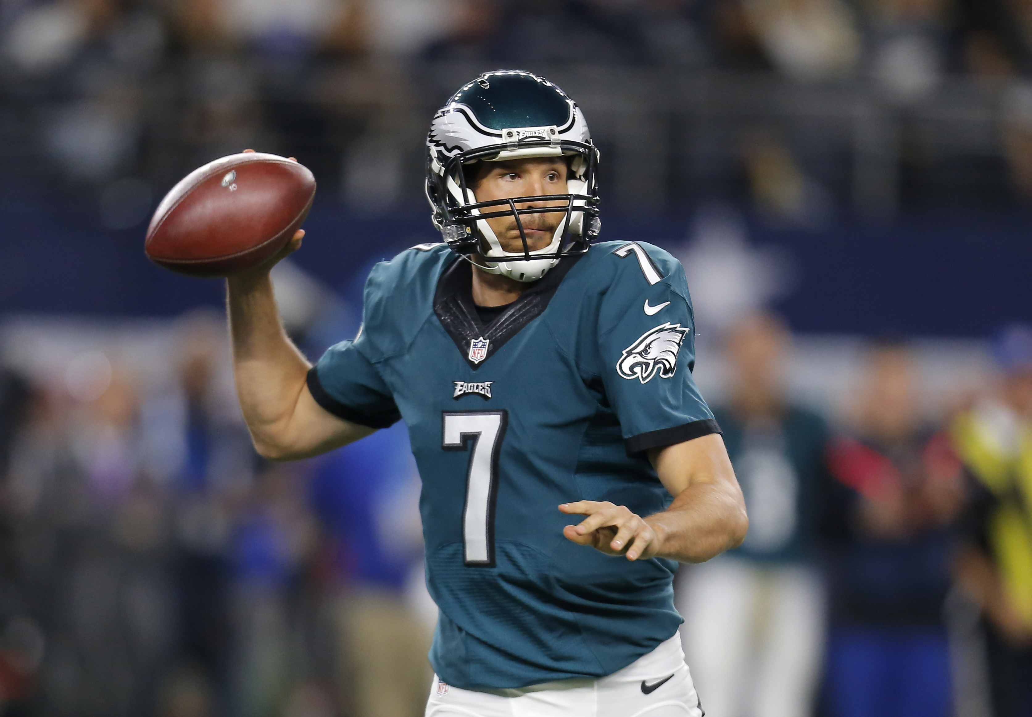 Philadelphia Eagles' Sam Bradford (7) prepares to pass in the first half of an NFL football game against the Dallas Cowboys on Sunday, Nov. 8, 2015, in Arlington, Texas. (AP Photo/Brandon Wade)