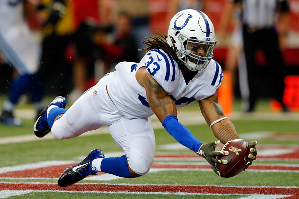 ATLANTA, GA - NOVEMBER 22: Dwight Lowery #33 of the Indianapolis Colts makes an interception in the end zone during the first half against the Atlanta Falcons at the Georgia Dome on November 22, 2015 in Atlanta, Georgia. (Photo by Kevin C. Cox/Getty Images)