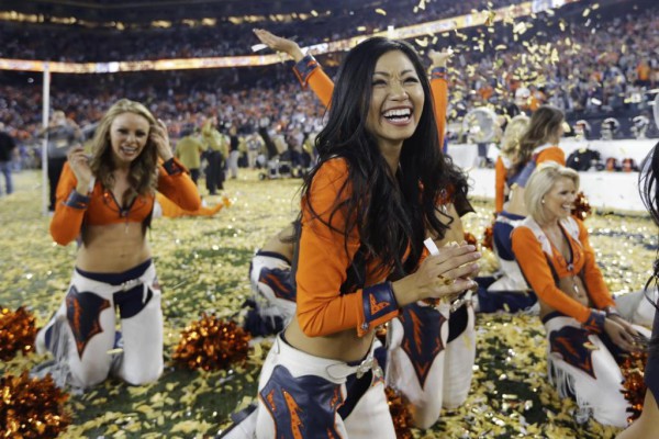 Denver Broncos cheerleaders celebrate their team's victory over the Carolina Panthers in the NFL Super Bowl 50 football game Sunday, Feb. 7, 2016, in Santa Clara, Calif. The Broncos won 24-10. (AP Photo/Jae C. Hong)