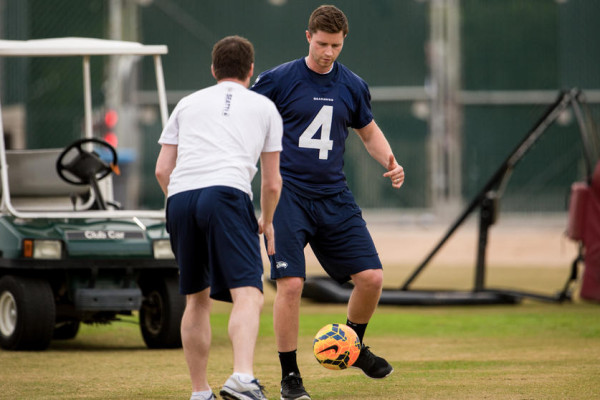 As the team warmed up for practice on Wednesday, kicker Steven Hauschka warmed up with a soccer drill.