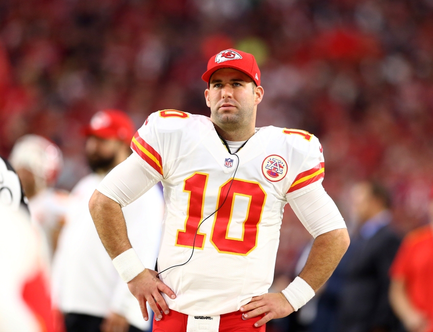 Dec 7, 2014; Glendale, AZ, USA; Kansas City Chiefs quarterback Chase Daniel (10) against the Arizona Cardinals at University of Phoenix Stadium. The Cardinals defeated the Chiefs 17-14. Mandatory Credit: Mark J. Rebilas-USA TODAY Sports