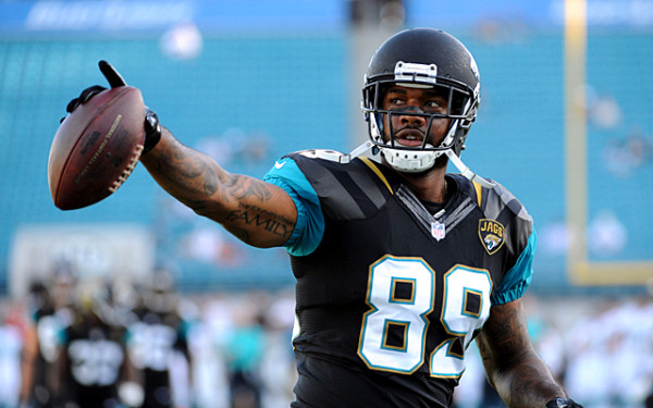 Aug 9, 2013; Jacksonville, FL, USA; Jacksonville Jaguars tight end Marcedes Lewis (89) warms up before the start of the game against the Miami Dolphins at Everbank Field. Mandatory Credit: Melina Vastola-USA TODAY Sports