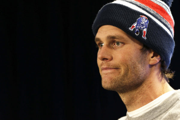 Jan 22, 2015; Foxborough, MA, USA; New England Patriots quarterback Tom Brady talks to the media at Gillette Stadium. Mandatory Credit: Greg M. Cooper-USA TODAY Sports