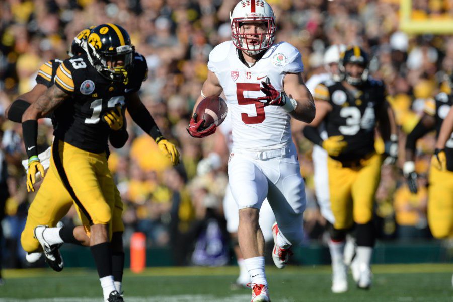 Jan 1, 2016; Pasadena, CA, USA; Stanford Cardinal running back Christian McCaffrey (5) runs for a touchdown against the Iowa Hawkeyes during the first quarter in the 2016 Rose Bowl at Rose Bowl. Mandatory Credit: Richard Mackson-USA TODAY Sports ORG XMIT: USATSI-233952 ORIG FILE ID: 20160101_lbm_am8_028.JPG