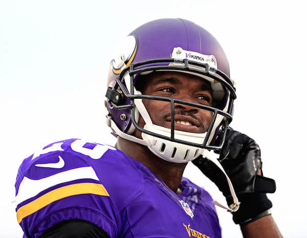 Aug 9, 2015; Canton, OH, USA; Minnesota Vikings running back Adrian Peterson (28) looks on prior to the game against the Pittsburgh Steelers at Tom Benson Hall of Fame Stadium. Mandatory Credit: Andrew Weber-USA TODAY Sports