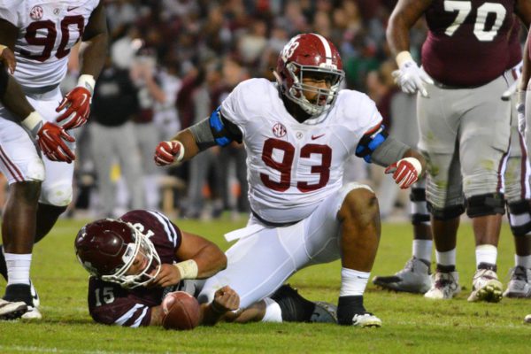 Nov 14, 2015; Starkville, MS, USA; Alabama Crimson Tide defensive lineman Jonathan Allen (93) reacts after tackling Mississippi State Bulldogs quarterback Dak Prescott (15) during the game at Davis Wade Stadium. Alabama won 31-6. Mandatory Credit: Matt Bush-USA TODAY Sports