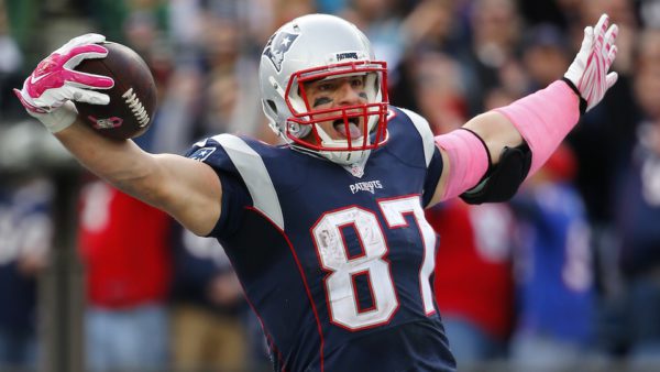 New England Patriots tight end Rob Gronkowski celebrates a touchdown against the New York Jets during a NFL football game at Gillette Stadium in Foxborough, Mass. Sunday, Oct. 25, 2015. (Winslow Townson/AP Images for Panini)