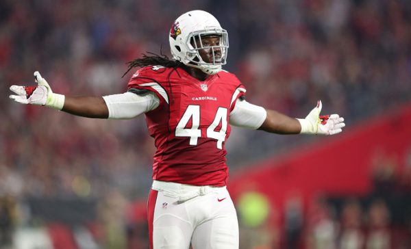 Sep 11, 2016; Glendale, AZ, USA; Arizona Cardinals linebacker Markus Golden (44) celebrates a play against the New England Patriots at University of Phoenix Stadium. The Patriots defeated the Cardinals 23-21. Mandatory Credit: Mark J. Rebilas-USA TODAY Sports