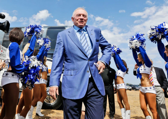 Dallas Cowboys owner Jerry Jones arrives for a news conference at the sight of the team's new headquarters Tuesday, Aug. 13, 2013, in Frisco, Texas. Frisco officials overwhelming approved a $115 million deal to build team headquarters and a practice facility in the Dallas suburb. The agreement will end the Cowboys' four-decade relationship with Irving, most likely in 2016. (AP Photo/LM Otero)